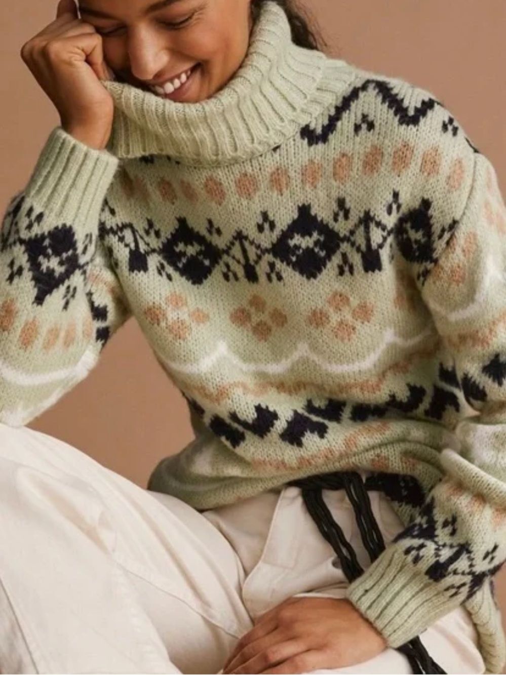 ANTHROPOLOGIE WOMENS GREEN FAIR ISLE TURTLENECK SWEATER MEDIUM